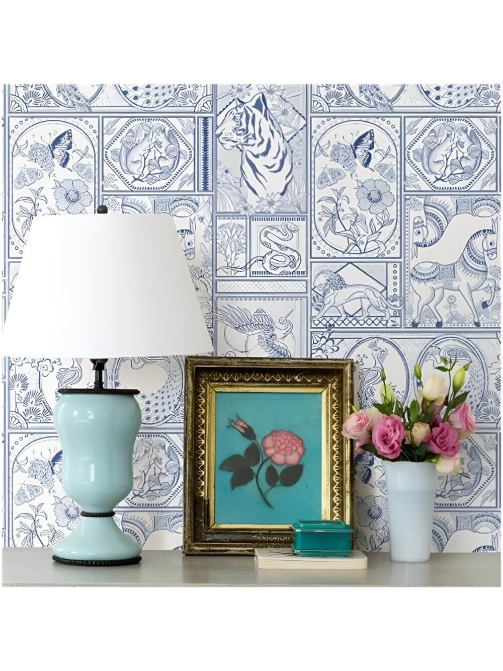 Erfoni 118"x16.9" Peel and Stick Wallpaper Blue and White Wallpaper Animals